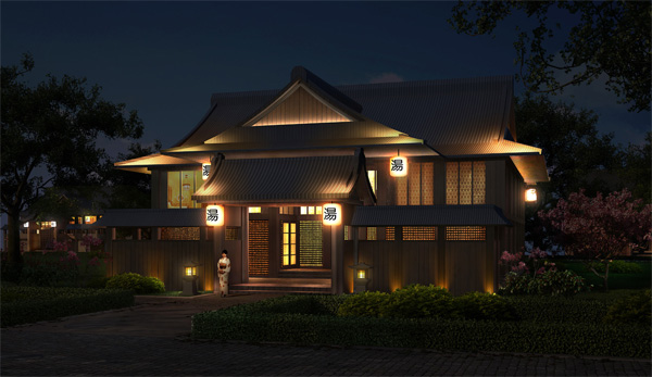 日本湯屋夜景照明效果圖